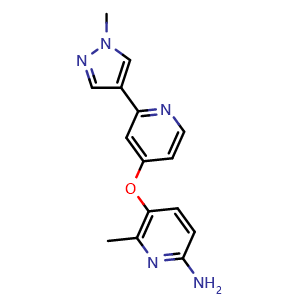 Chemical structure of 6-methyl-5-((2-(1-methyl-1H-pyrazol-4-yl)pyridin-4-yl)oxy)pyridin-2-amine , CAS 1628184-09-7, AChemBlock X189110