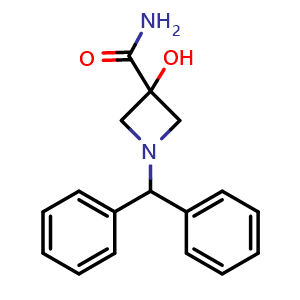 Chemical structure of 1-Benzhydryl-3-hydroxy-azetidine-3-carboxylic acid amide , CAS 934665-18-6, AChemBlock X189116