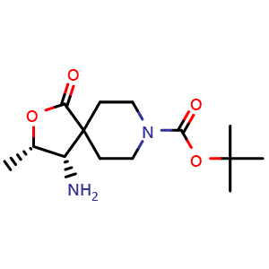 Chemical structure of tert-butyl (3S,4S)-4-amino-3-methyl-1-oxo-2-oxa-8-azaspiro[4.5]decane-8-carboxylate , CAS 2414415-67-9, AChemBlock X189132