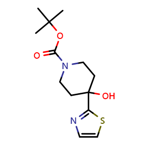 Chemical structure of tert-butyl 4-hydroxy-4-(thiazol-2-yl)piperidine-1-carboxylate , CAS 942185-02-6, AChemBlock X189133
