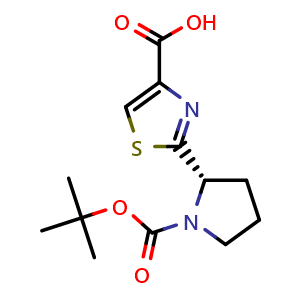 Chemical structure of (S)-2-(1-(tert-butoxycarbonyl)pyrrolidin-2-yl)thiazole-4-carboxylic acid , CAS 251349-54-9, AChemBlock X189190