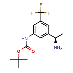 Chemical structure of tert-butyl (R)-(3-(1-aminoethyl)-5-(trifluoromethyl)phenyl)carbamate , CAS 2349585-62-0, AChemBlock X189211