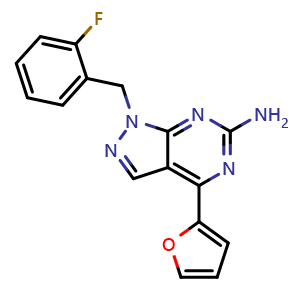 Chemical structure of 1-(2-fluorobenzyl)-4-(furan-2-yl)-1H-pyrazolo[3,4-d]pyrimidin-6-amine , CAS 443103-97-7, AChemBlock X189232