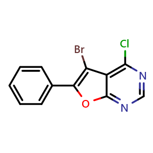 Chemical structure of 5-bromo-4-chloro-6-phenylfuro[2,3-d]pyrimidine , CAS 1073135-81-5, AChemBlock X189235
