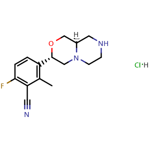 Chemical structure of 6-fluoro-2-methyl-3-((3S,9aR)-octahydropyrazino[2,1-c][1,4]oxazin-3-yl)benzonitrile hydrochloride , CAS 1443739-29-4, AChemBlock X189242