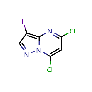 Chemical structure of 5,7-Dichloro-3-iodopyrazolo[1,5-a]pyrimidine , CAS 754211-05-7, AChemBlock X189251