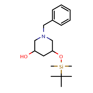 Chemical structure of 1-benzyl-5-((tert-butyldimethylsilyl)oxy)piperidin-3-ol , CAS 2070014-70-7, AChemBlock X189277