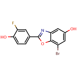 Chemical structure of 7-bromo-2-(3-fluoro-4-hydroxyphenyl)benzo[d]oxazol-5-ol , CAS 544704-73-6, AChemBlock X189287