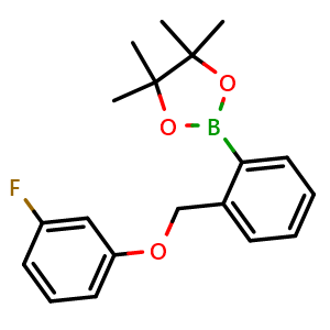 Chemical structure of 2-(2-((3-fluorophenoxy)methyl)phenyl)-4,4,5,5-tetramethyl-1,3,2-dioxaborolane , CAS 2246780-16-3, AChemBlock X189299