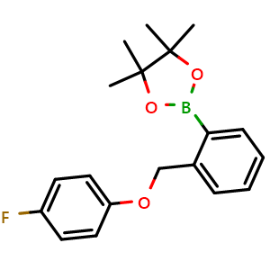 Chemical structure of 2-(2-((4-fluorophenoxy)methyl)phenyl)-4,4,5,5-tetramethyl-1,3,2-dioxaborolane , CAS 2246642-92-0, AChemBlock X189301