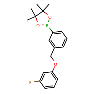 Chemical structure of 2-(3-((3-fluorophenoxy)methyl)phenyl)-4,4,5,5-tetramethyl-1,3,2-dioxaborolane , CAS 1648930-12-4, AChemBlock X189304