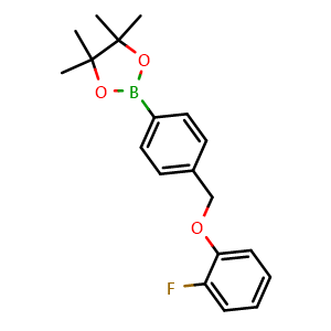 Chemical structure of 2-(4-((2-fluorophenoxy)methyl)phenyl)-4,4,5,5-tetramethyl-1,3,2-dioxaborolane , CAS 2245053-33-0, AChemBlock X189307