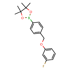 Chemical structure of 2-(4-((3-fluorophenoxy)methyl)phenyl)-4,4,5,5-tetramethyl-1,3,2-dioxaborolane , CAS 1160829-16-2, AChemBlock X189308