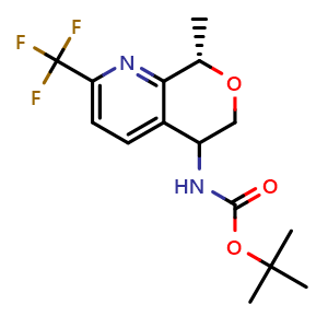 Chemical structure of tert-butyl N-[(8S)-8-methyl-2-(trifluoromethyl)-6,8-dihydro-5H-pyrano[3,4-b]pyridin-5-yl]carbamate , CAS 2940933-37-7, AChemBlock X189315