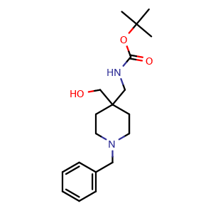 Chemical structure of (1-Benzyl-4-hydroxymethyl-piperidin-4-ylmethyl)-carbamic acid tert-butyl ester , CAS 493026-45-2, AChemBlock X189321