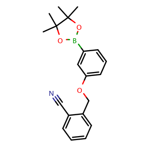 Chemical structure of 2-((3-(4,4,5,5-tetramethyl-1,3,2-dioxaborolan-2-yl)phenoxy)methyl)benzonitrile , CAS 2246772-09-6, AChemBlock X189323