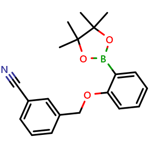 Chemical structure of 3-((2-(4,4,5,5-tetramethyl-1,3,2-dioxaborolan-2-yl)phenoxy)methyl)benzonitrile , CAS 2246644-38-0, AChemBlock X189325