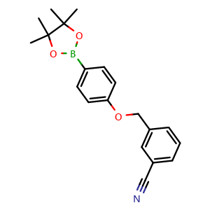 Chemical structure of 3-((4-(4,4,5,5-tetramethyl-1,3,2-dioxaborolan-2-yl)phenoxy)methyl)benzonitrile , CAS 1813554-44-7, AChemBlock X189326