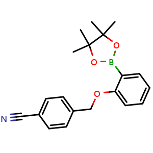 Chemical structure of 4-((2-(4,4,5,5-tetramethyl-1,3,2-dioxaborolan-2-yl)phenoxy)methyl)benzonitrile , CAS 2246880-79-3, AChemBlock X189327