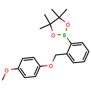 Chemical structure of 2-(2-((4-methoxyphenoxy)methyl)phenyl)-4,4,5,5-tetramethyl-1,3,2-dioxaborolane , CAS 2246614-75-3, AChemBlock X189343