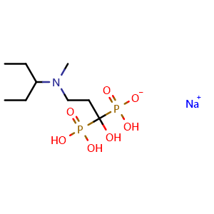 Chemical structure of sodium hydrogen (1-hydroxy-3-(methyl(pentan-3-yl)amino)-1-phosphonopropyl)phosphonate , CAS 2096992-08-2, AChemBlock X189348