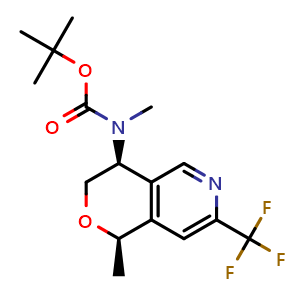 Chemical structure of tert-butyl N-methyl-N-[(1R,4S)-1-methyl-7-(trifluoromethyl)-3,4-dihydro-1H-pyrano[4,3-c]pyridin-4-yl]carbamate , CAS 2940866-65-7, AChemBlock X189370