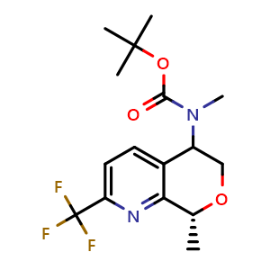 Chemical structure of tert-butyl N-methyl-N-[(8R)-8-methyl-2-(trifluoromethyl)-6,8-dihydro-5H-pyrano[3,4-b]pyridin-5-yl]carbamate , CAS 2940933-52-6, AChemBlock X189371