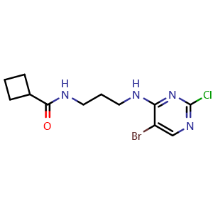 Chemical structure of N-(3-((5-bromo-2-chloropyrimidin-4-yl)amino)propyl)cyclobutanecarboxamide , CAS 1243268-69-0, AChemBlock X189376
