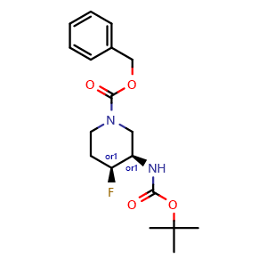 Chemical structure of Cis-benzyl 3-(tert-butoxycarbonylamino)-4-fluoropiperidine-1-carboxylate , CAS 2048229-99-6, AChemBlock X189393