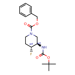 Chemical structure of Trans-benzyl 3-(tert-butoxycarbonylamino)-4-fluoropiperidine-1-carboxylate , CAS 1052713-40-2, AChemBlock X189397