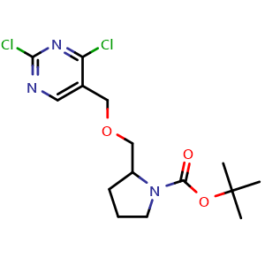 Chemical structure of tert-butyl 2-(((2,4-dichloropyrimidin-5-yl)methoxy)methyl)pyrrolidine-1-carboxylate , CAS 1420986-95-3, AChemBlock X189411