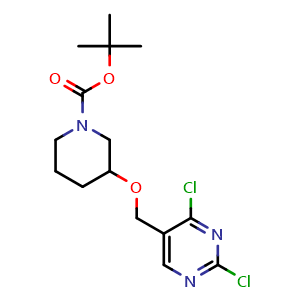 Chemical structure of tert-butyl 3-((2,4-dichloropyrimidin-5-yl)methoxy)piperidine-1-carboxylate , CAS 1420880-00-7, AChemBlock X189412