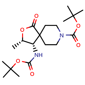 Chemical structure of tert-butyl (3S,4S)-4-((tert-butoxycarbonyl)amino)-3-methyl-1-oxo-2-oxa-8-azaspiro[4.5]decane-8-carboxylate , CAS 2414415-75-9, AChemBlock X189447