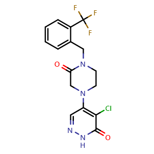 Chemical structure of 4-chloro-5-(3-oxo-4-(2-(trifluoromethyl)benzyl)piperazin-1-yl)pyridazin-3(2H)-one , CAS 2304549-73-1, AChemBlock X189452
