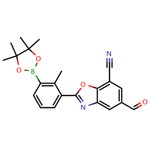 Chemical structure of 5-formyl-2-[2-methyl-3-(4,4,5,5-tetramethyl-1,3,2-dioxaborolan-2-yl)phenyl]-1,3-benzoxazole-7-carbonitrile , CAS 2231027-08-8, AChemBlock X189455