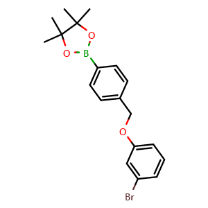 Chemical structure of 2-(4-((3-bromophenoxy)methyl)phenyl)-4,4,5,5-tetramethyl-1,3,2-dioxaborolane , CAS 2246874-83-7, AChemBlock X189461