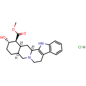 Chemical structure of methyl (1S,2S,4aS,13bS,14aS)-2-hydroxy-1,2,3,4,4a,5,7,8,13,13b,14,14a-dodecahydroindolo[2',3':3,4]pyrido[1,2-b]isoquinoline-1-carboxylate hydrochloride , CAS 65-19-0, AChemBlock X189463