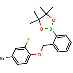 Chemical structure of 2-(2-((4-bromo-2-fluorophenoxy)methyl)phenyl)-4,4,5,5-tetramethyl-1,3,2-dioxaborolane , CAS 2246573-09-9, AChemBlock X189473