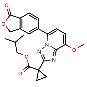 Chemical structure of isobutyl 1-(8-methoxy-5-(1-oxo-1,3-dihydroisobenzofuran-5-yl)-[1,2,4]triazolo[1,5-a]pyridin-2-yl)cyclopropane-1-carboxylate , CAS 1445656-91-6, AChemBlock X189480