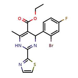 Chemical structure of Ethyl 4-(2-bromo-4-fluorophenyl)-6-methyl-2-(thiazol-2-yl)-1,4-dihydropyrimidine-5-carboxylate , CAS 1092952-98-1, AChemBlock X189483