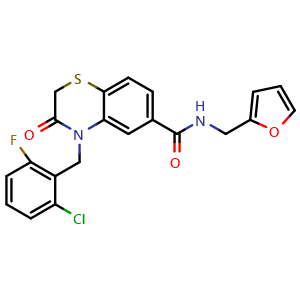 Chemical structure of 4-(2-chloro-6-fluorobenzyl)-N-(furan-2-ylmethyl)-3-oxo-3,4-dihydro-2H-benzo[b][1,4]thiazine-6-carboxamide , CAS 702662-50-8, AChemBlock X189486