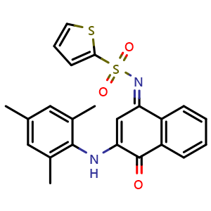 Chemical structure of (E)-N-(3-(mesitylamino)-4-oxonaphthalen-1(4H)-ylidene)thiophene-2-sulfonamide , CAS 518057-29-9, AChemBlock X189488