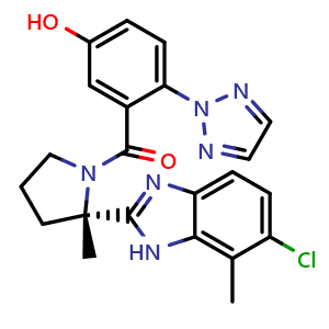 Chemical structure of (S)-[2-(6-Chloro-7-methyl-2-benzimidazolyl)-2-methyl-1-pyrrolidinyl][5-hydroxy-2-(2H-1,2,3-triazol-2-yl)phenyl]methanone , CAS 2901043-05-6, AChemBlock X189489