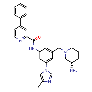 Chemical structure of (S)-N-[3-[(3-Amino-1-piperidyl)methyl]-5-(4-methyl-1-imidazolyl)phenyl]-4-phenylpyridine-2-carboxamide , CAS 2794203-47-5, AChemBlock X189503