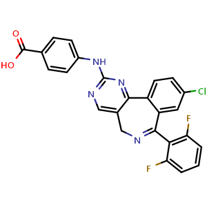 Chemical structure of 4-((9-chloro-7-(2,6-difluorophenyl)-5H-benzo[c]pyrimido[4,5-e]azepin-2-yl)amino)benzoic acid , CAS 869363-13-3, AChemBlock X189510