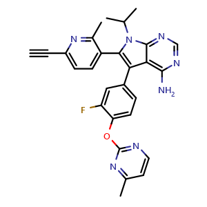 Chemical structure of 6-(6-ethynyl-2-methylpyridin-3-yl)-5-(3-fluoro-4-((4-methylpyrimidin-2-yl)oxy)phenyl)-7-isopropyl-7H-pyrrolo[2,3-d]pyrimidin-4-amine , CAS 2549183-22-2, AChemBlock X189516