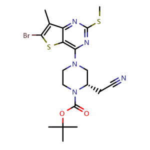 Chemical structure of tert-butyl (S)-4-(6-bromo-7-methyl-2-(methylthio)thieno[3,2-d]pyrimidin-4-yl)-2-(cyanomethyl)piperazine-1-carboxylate , CAS 2920030-64-2, AChemBlock X189517