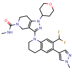 Chemical structure of 3-(7-(difluoromethyl)-6-(1-methyl-1H-pyrazol-4-yl)-3,4-dihydroquinolin-1(2H)-yl)-N-methyl-1-(tetrahydro-2H-pyran-4-yl)-1,4,6,7-tetrahydro-5H-pyrazolo[4,3-c]pyridine-5-carboxamide , CAS 1936422-33-1, AChemBlock X189518