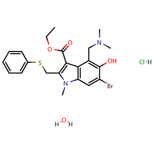Chemical structure of ethyl 6-bromo-4-((dimethylamino)methyl)-5-hydroxy-1-methyl-2-((phenylthio)methyl)-1H-indole-3-carboxylate hydrochloride hydrate , CAS 868364-57-2, AChemBlock X189520
