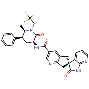 Chemical structure of (S)-N-((3S,5S,6R)-6-methyl-2-oxo-5-phenyl-1-(2,2,2-trifluoroethyl)piperidin-3-yl)-2'-oxo-1',2',5,7-tetrahydrospiro[cyclopenta[b]pyridine-6,3'-pyrrolo[2,3-b]pyridine]-3-carboxamide , CAS 1374248-77-7, AChemBlock X189524